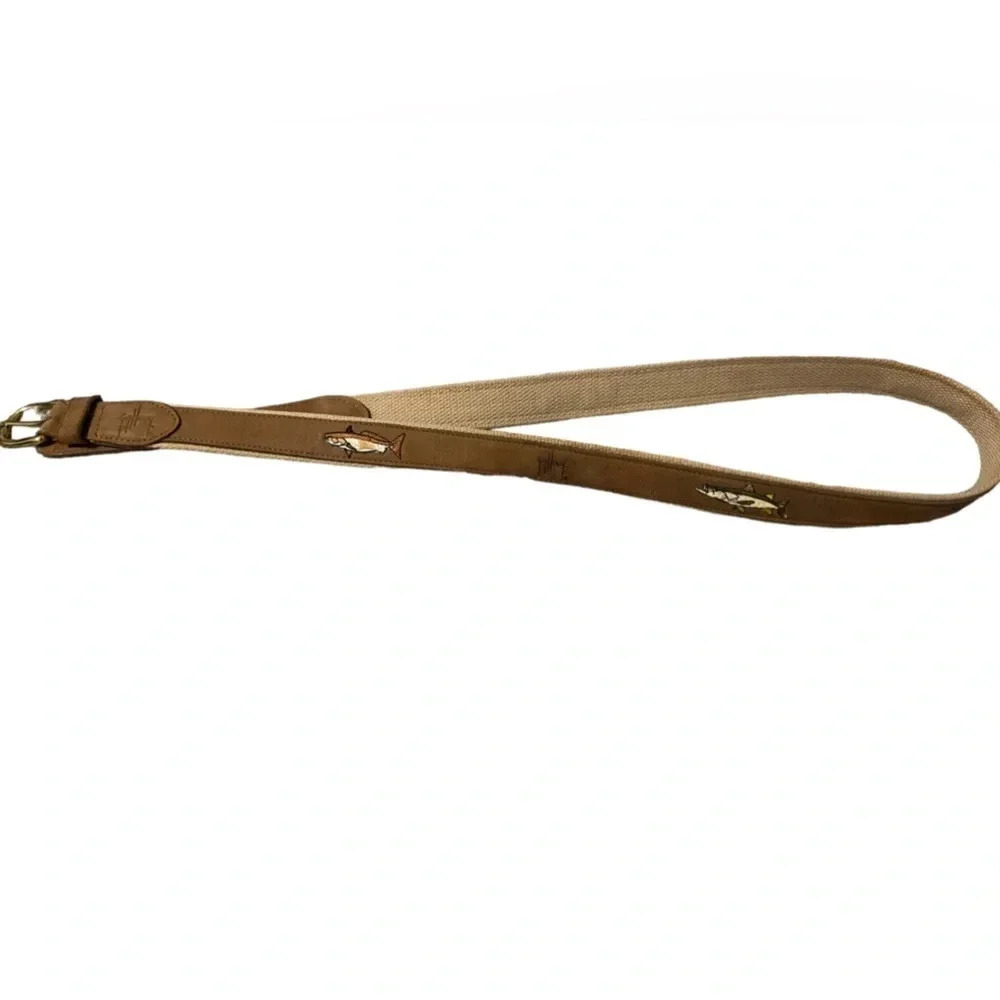 🎣 Guy Harvey Canvas & Leather Belt 🐟 Nautical Marlin Embroidered Size‎ 46 🎣